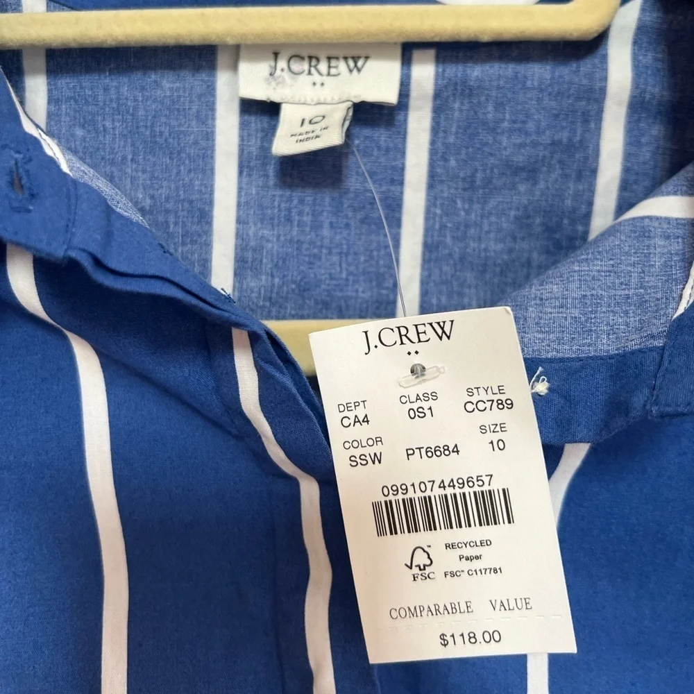 J. Crew NWT Short-Sleeve Cotton Striped Blue + White Tie-Waist Mini Dress, 10